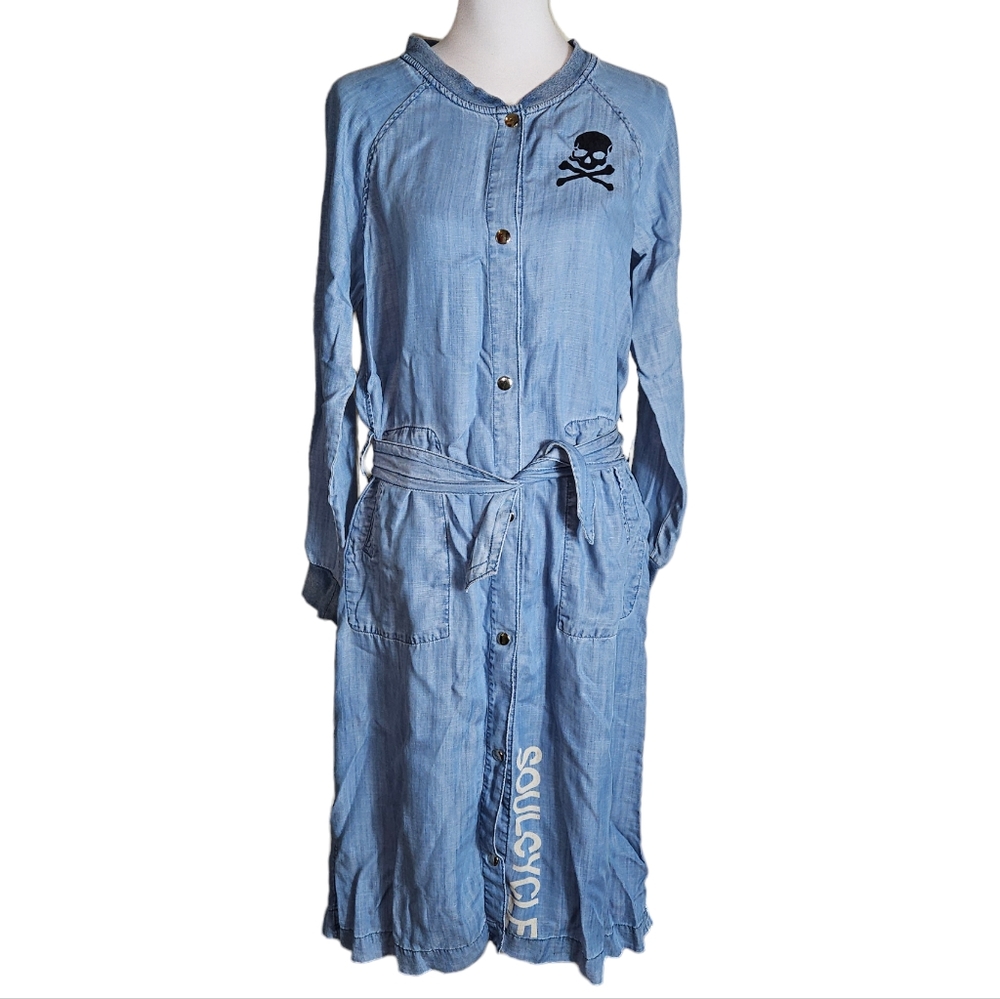 SoulCycle Blue Chambray Dress Sz Small 100% Tencel Snap Button Long Sleeve Belt